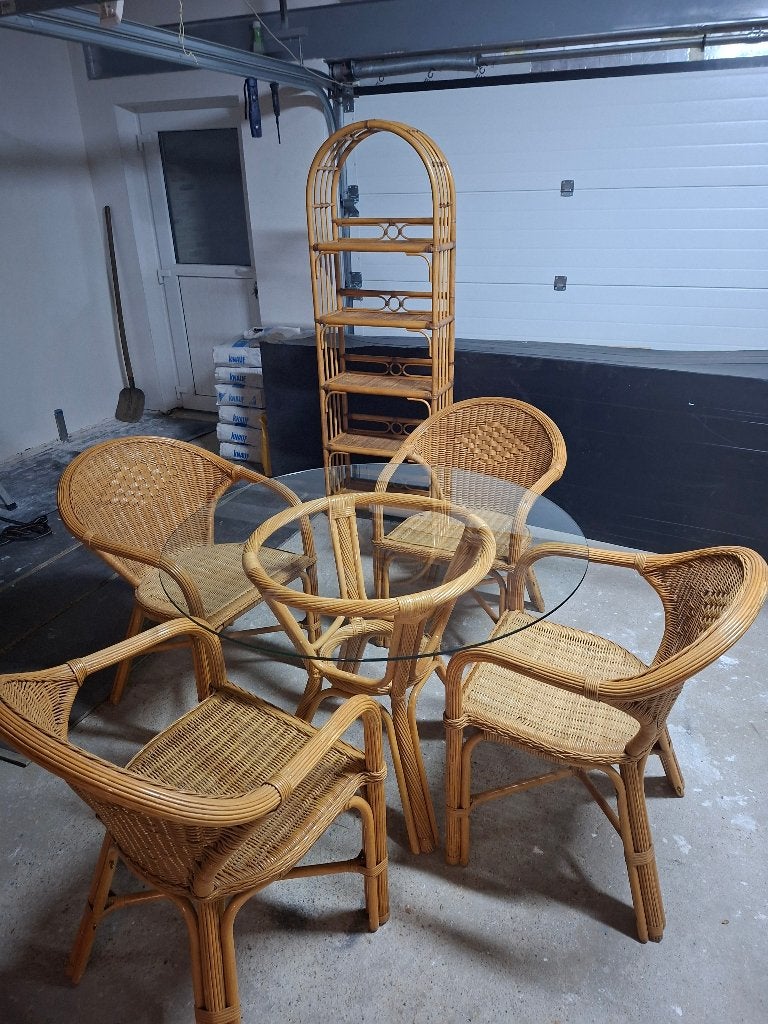 Rotan loungeset tafel + 4 stoelen en rek, Ophalen, Riet of Rotan
