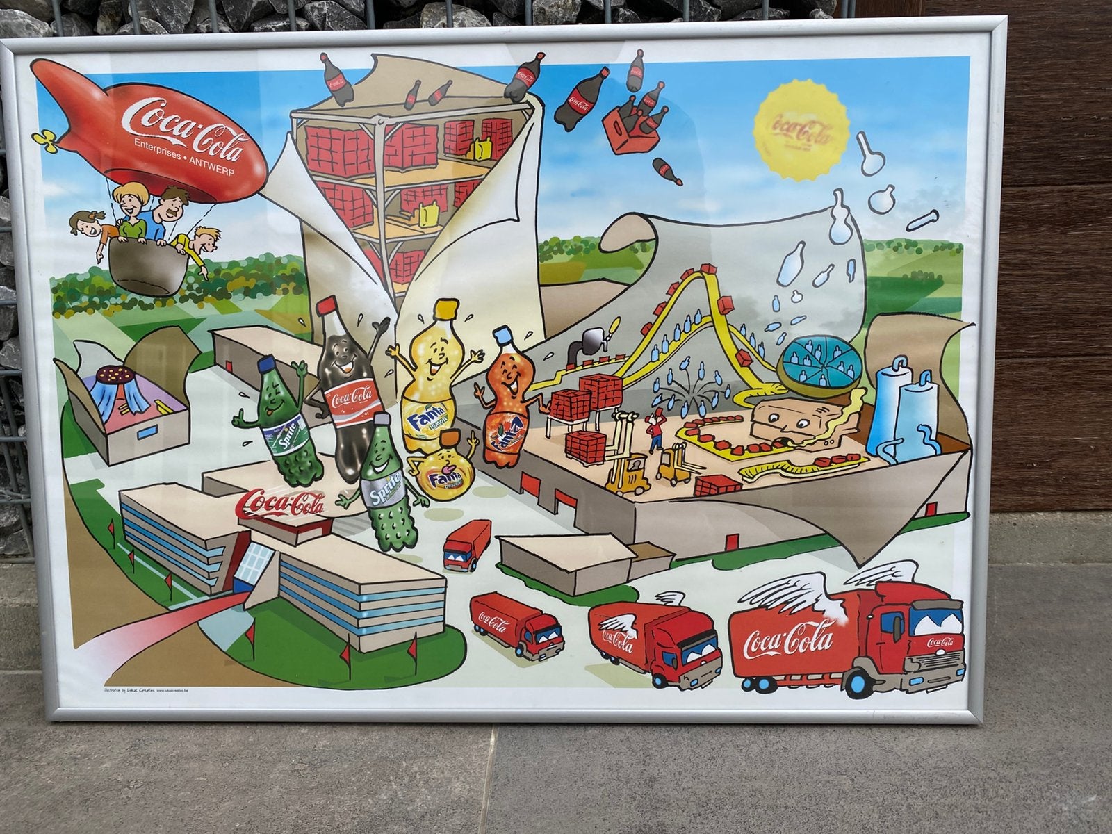 Coca cola kader met afbeelding van de fabriek in Wilrijk, Verzamelen, Ophalen, Reclamebord