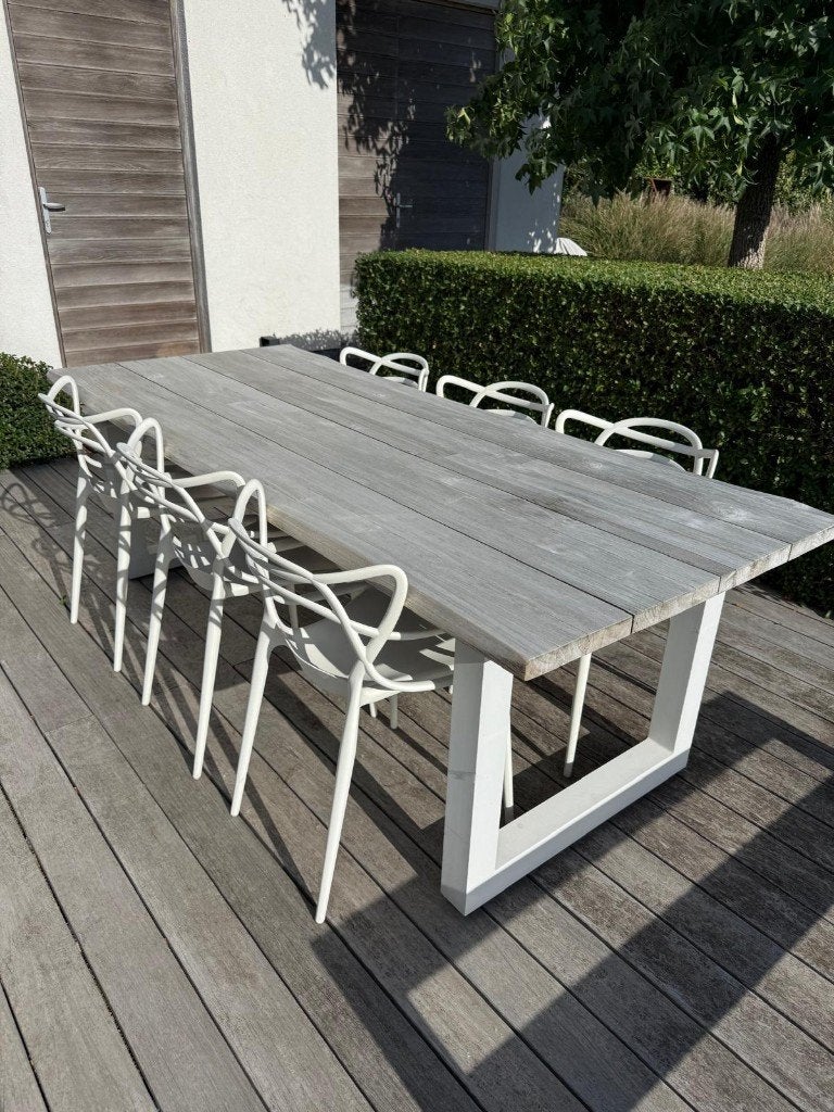 Tuintafel met 6 Kartel stoelen wit, Jardin & Terrasse, Enlèvement, Utilisé, Rectangulaire, Bois de teck