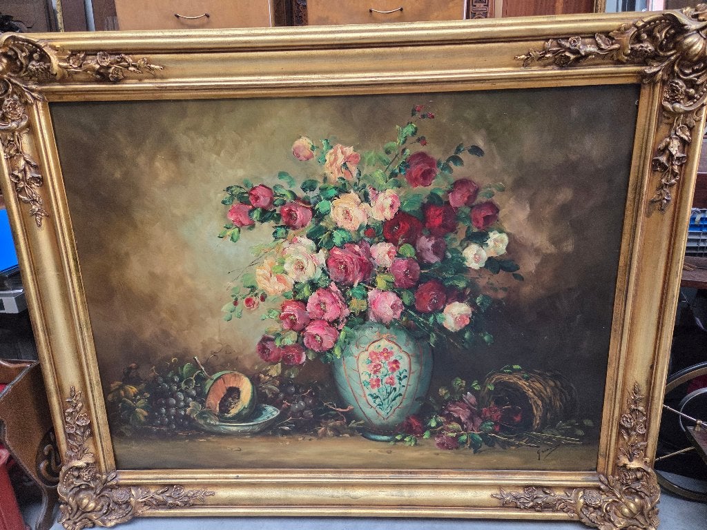 Stilleven: 'Bloemenvaas', zeer groot schilderij, Antiquités & Art, Art | Peinture | Classique, Peinture à l'huile, Enlèvement