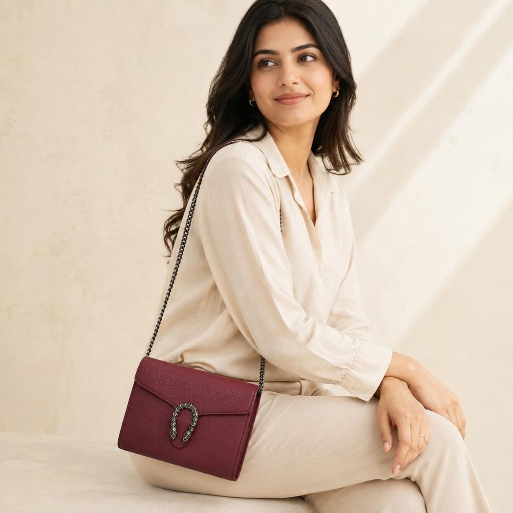 Aretha Leren Crossbody Tas Wine Berry met Kettingband, Verzenden, Nieuw, Rood, Schoudertasje