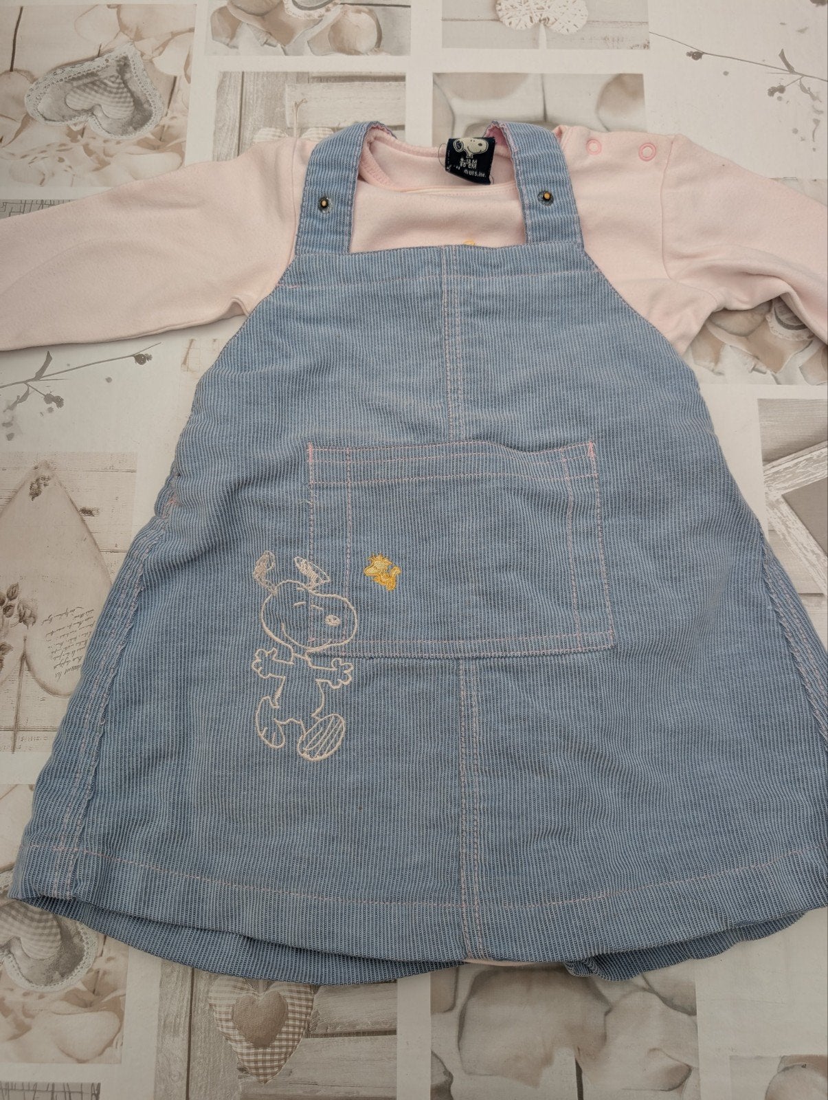 Snoopy overgooiertje met licht rose blouse/Body voor 9 maand, Kinderen en Baby's, Babykleding | Maat 74, Meisje, H&M, Ophalen of Verzenden