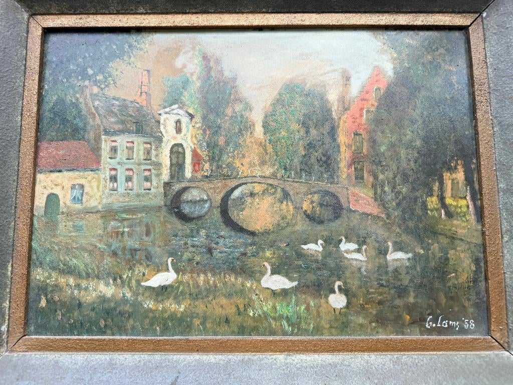 Origineel olieverfschilderij, Guido Lams: Brugge, Minnewater, Ophalen of Verzenden