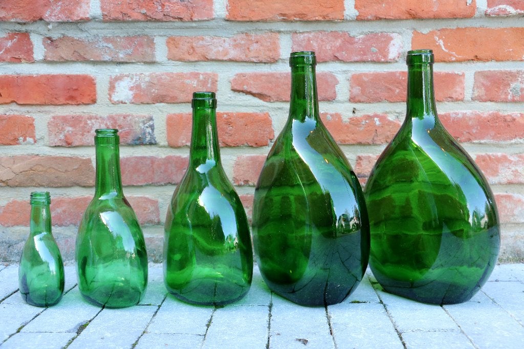 Lot de 5 bouteilles Bocksbeutel / Cantil en verre vert, Antiquités & Art, Enlèvement