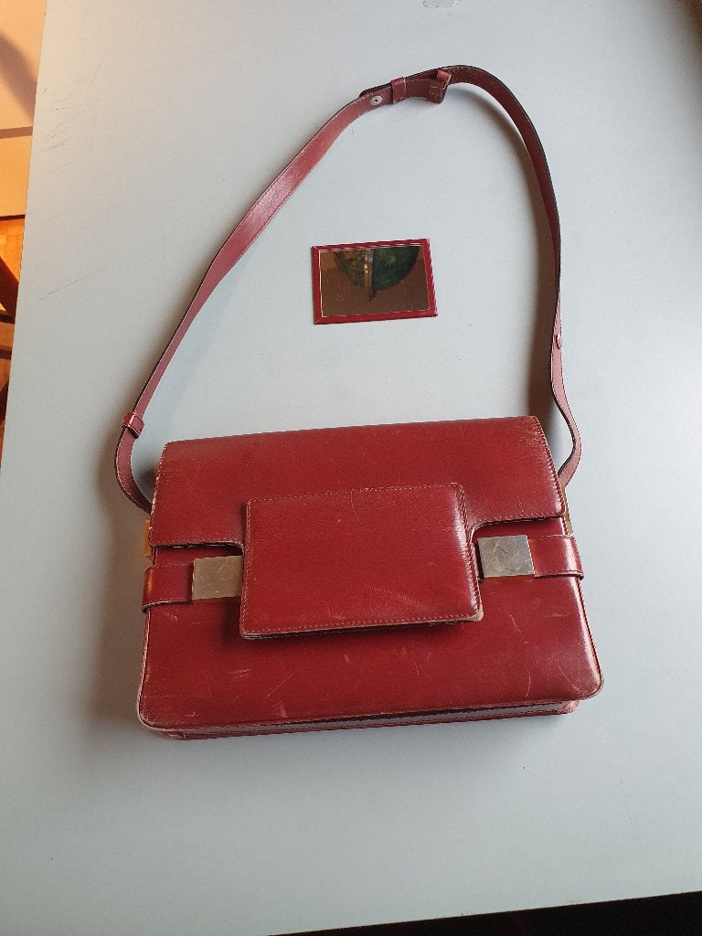 Sac à main vintage Delvaux en cuir rouge, miroir original, Enlèvement ou Envoi, Utilisé, Rouge, Sac à main