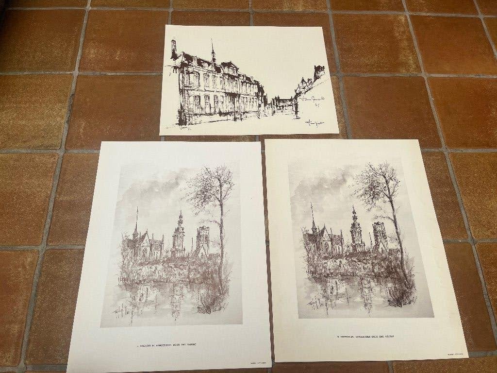 3 kunstreproducties aquarellen gebouwen Veurne-Van Gucht, Ophalen of Verzenden, Klassiek, Aquarel, Stads- / dorpsgezicht