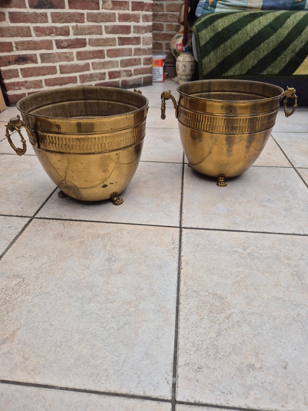 Antieke koperen bloempotten met dragon+ ringen+leeuwen potje, Tuin en Terras, Ophalen of Verzenden