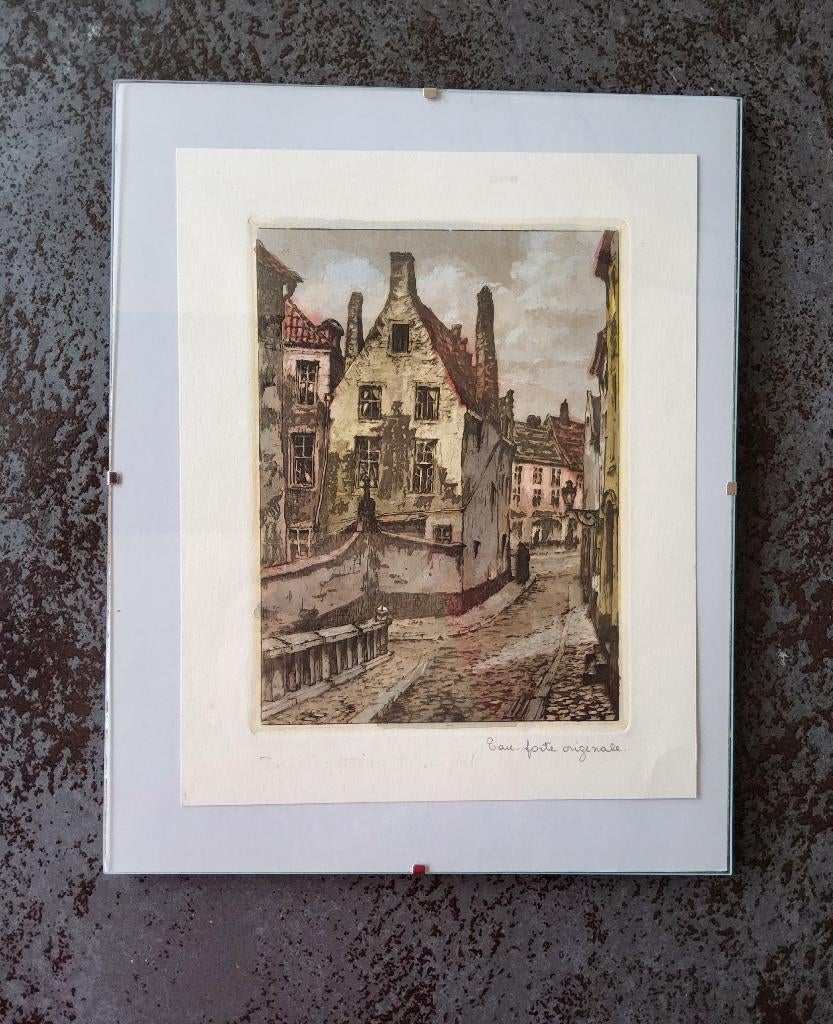 Ets Breugelhuis aan de Rodepoortstraat in de marollen, Antiek en Kunst, Ingelijst, 30 cm, Architectuur, Ophalen of Verzenden