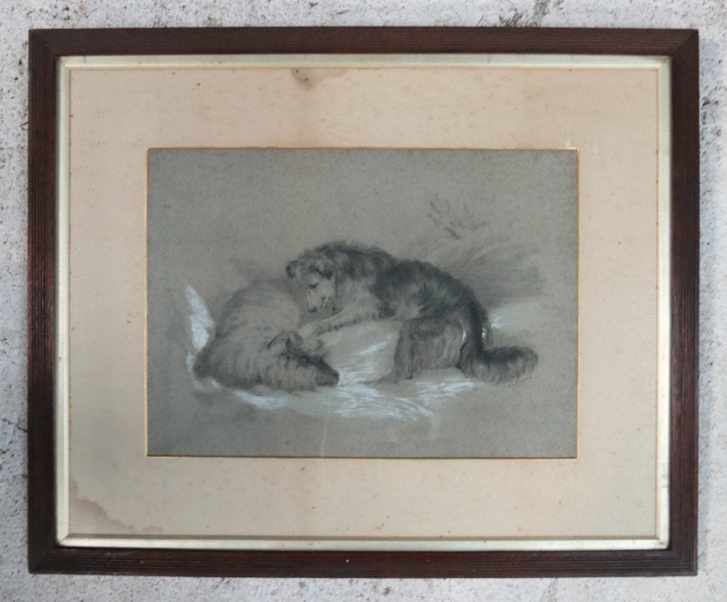 Tekening herdershond met schaap in sneeuw naar Landseer, Antiquités & Art, Enlèvement, Dessin, Dessin au fusain, Sous verre