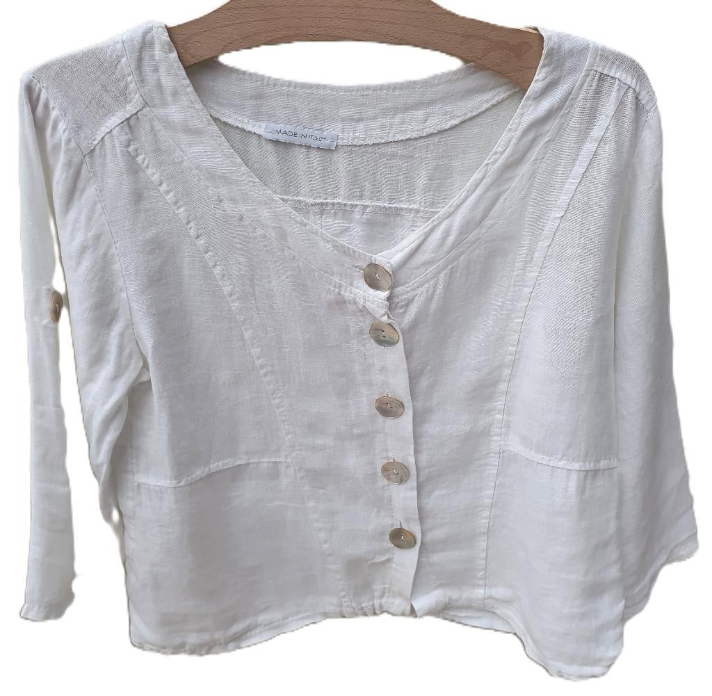 Witte linnen blouse/vestje van 'Made in Italy' maat S, Kleding | Dames, Made in Italy, Wit, Ophalen of Verzenden, Zo goed als nieuw