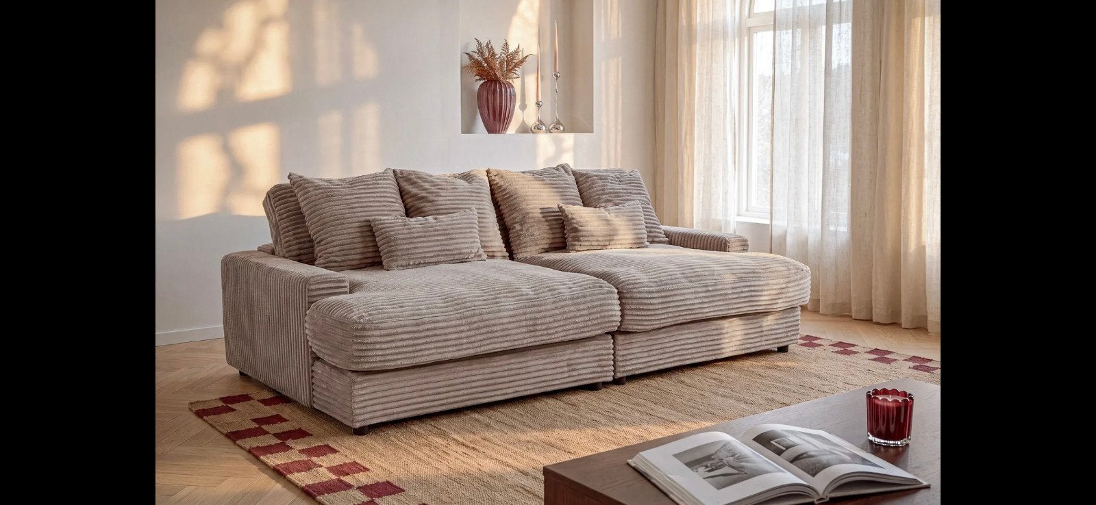 Nieuwe Luxe 4-zits Ribstof Bank (Corduroy Taupe) - Deep Seat, Huis en Inrichting, Ophalen, 250 tot 300 cm, Nieuw, Rechte bank