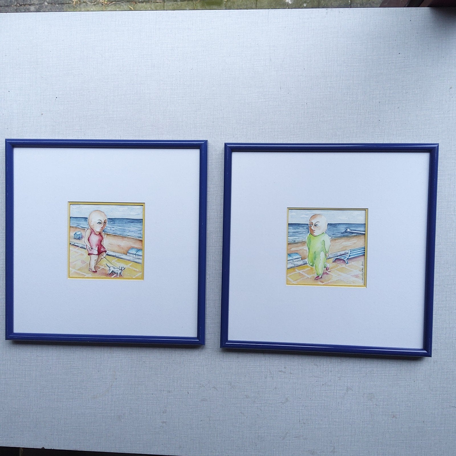 Set van 2 ingelijste aquarellen "Ontmoeting aan Zee"., Antiek en Kunst, Kunst | Schilderijen | Modern, Ophalen of Verzenden, Passe-partout