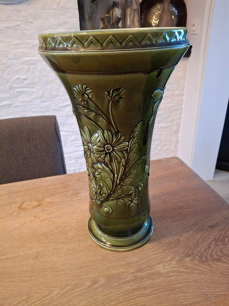 Sarreguemines Art Nouveau Franse groene  Majolica vaas,, Antiquités & Art, Antiquités | Céramique & Poterie, Enlèvement