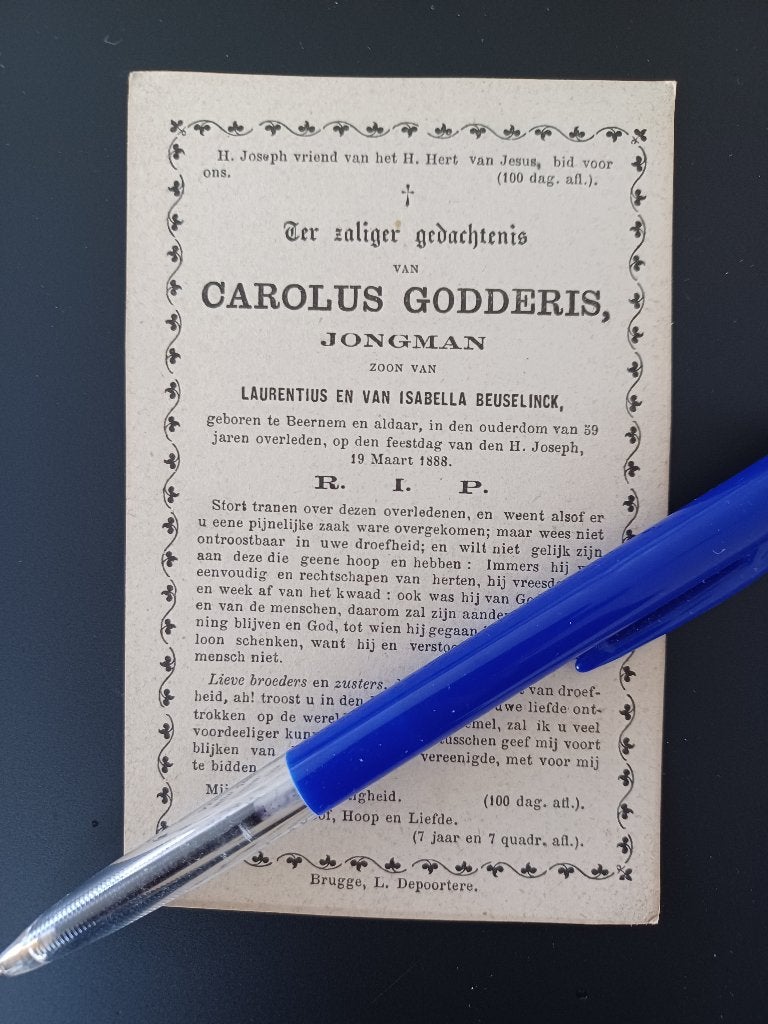 doodsprentje Carolus GODDERIS  Beernem 1888, Ophalen of Verzenden, Bidprentje