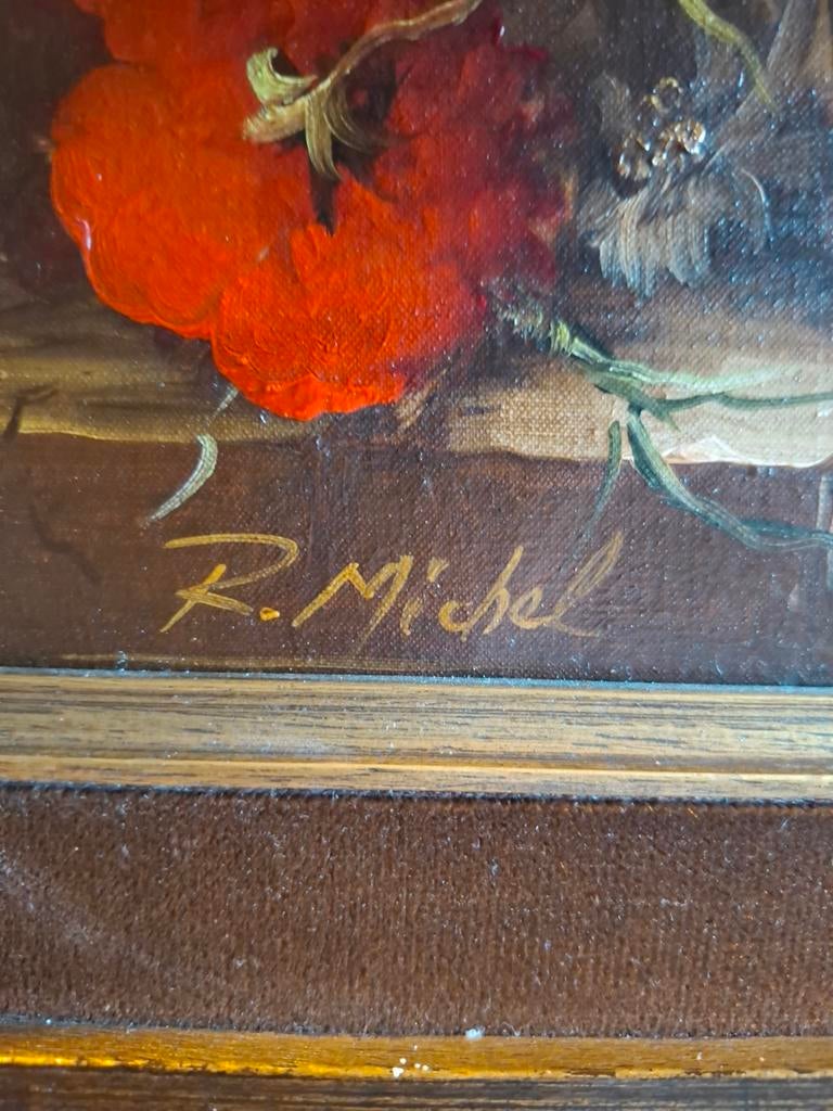 Klassiek bloemstilleven – gesigneerd R. Michel – met sierkad, Enlèvement