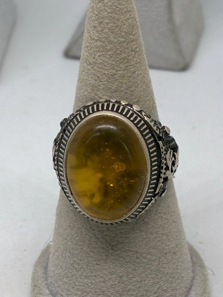 Zilveren ring met barnsteen, maat 25, 925 zilver, Bijoux, Sacs & Beauté, Neuf, Gris, Enlèvement ou Envoi, Femme ou Homme