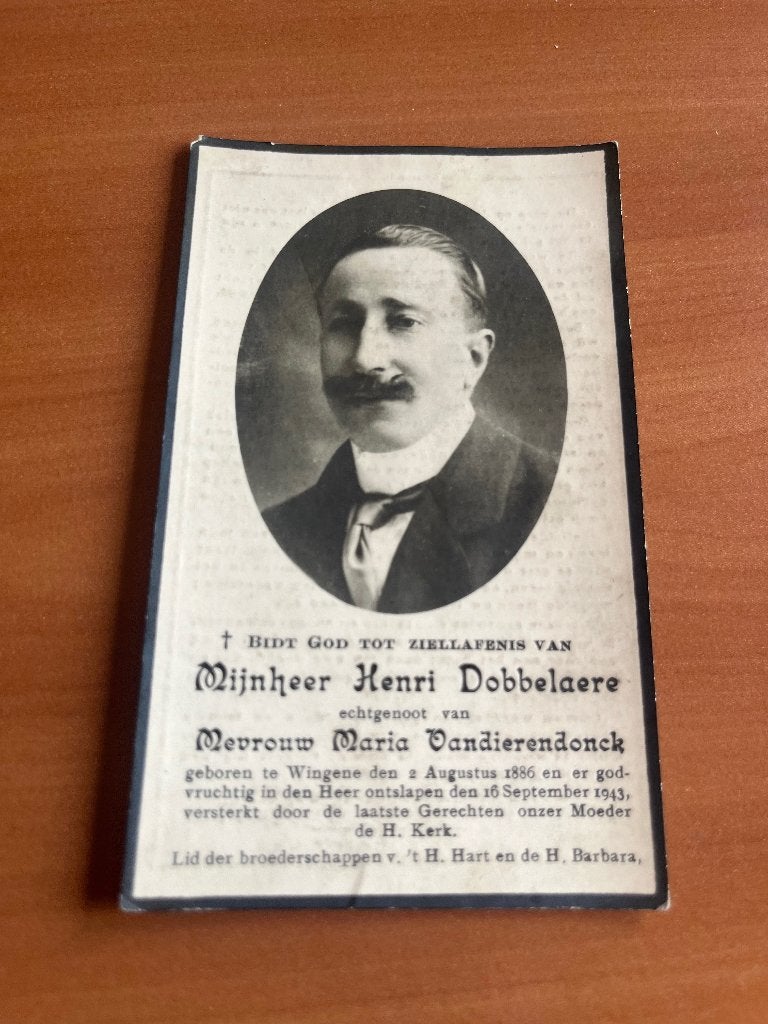 Rouwkaart H.Dobbelaere  Wingene 1886 + 1943, Envoi, Carte de condoléances