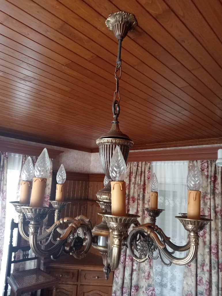 Lustre vintage en bronze ou en laiton, Autres culots, Verre, Comme neuf, Landelijk
