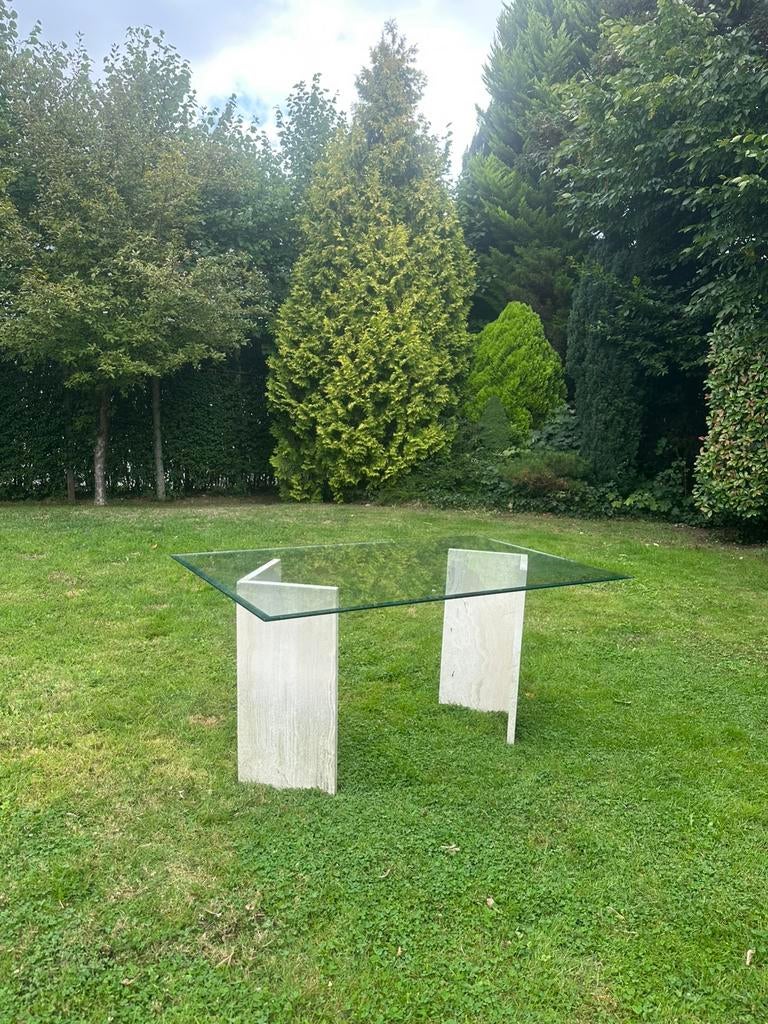 Tuintafel - travertin zuilen met glazen blad, Tuin en Terras, Ophalen, Zo goed als nieuw