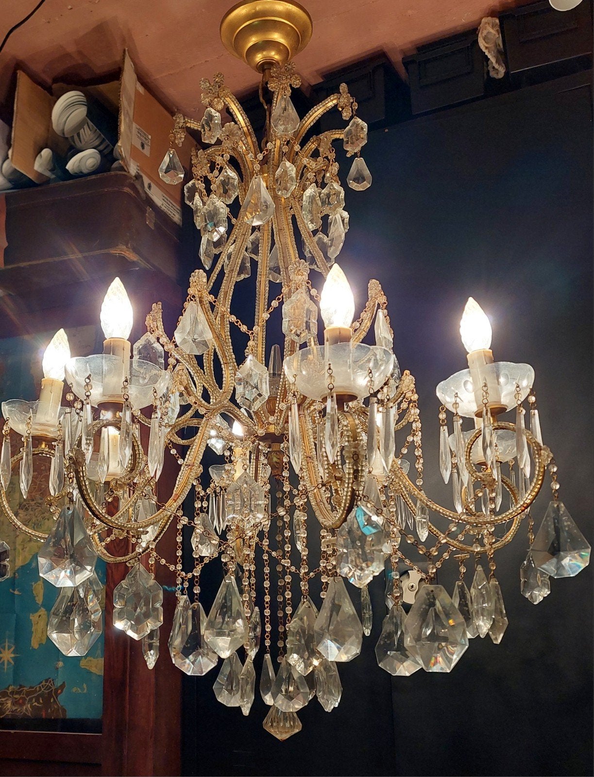 Lustre cage, L XV, Bronze et Crystal 1950, Antiquités & Art, Enlèvement