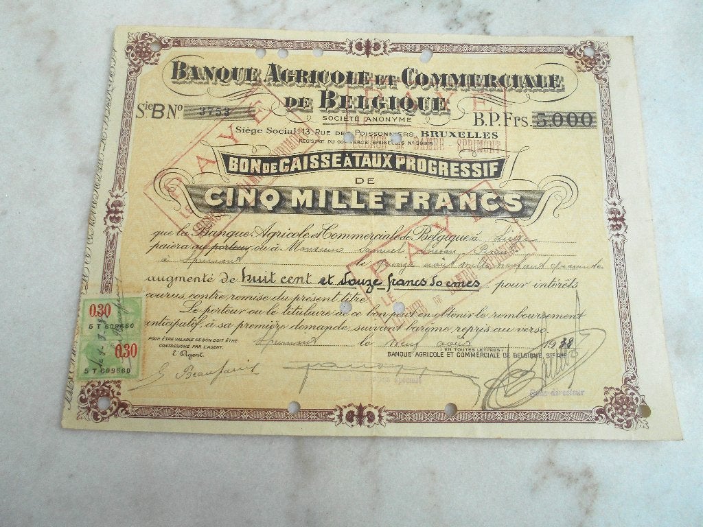Banque agricole commerciale Belgique Bon de caisse 5000 fr, Antiquités & Art, Enlèvement ou Envoi