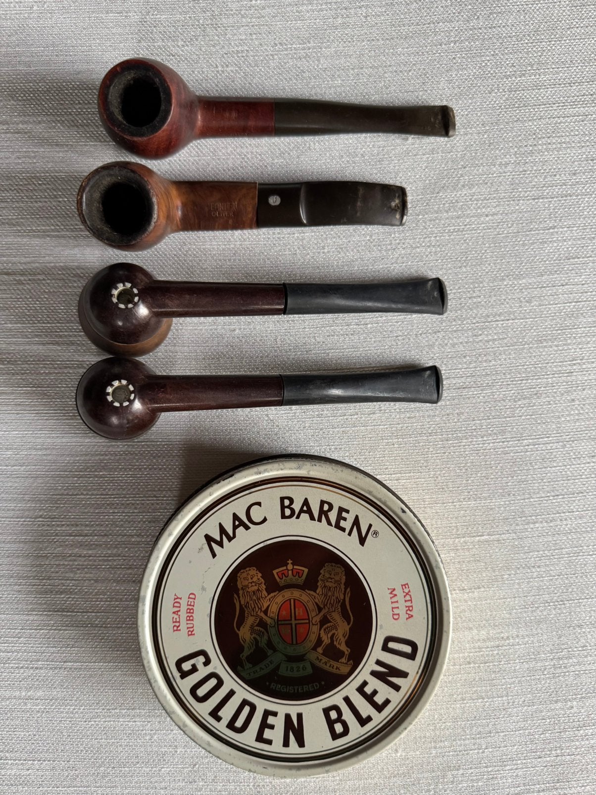 Set van 4 oude pijpen met lege tabaksdoos, Verzamelen, Ophalen of Verzenden, Gebruikt, (Water)pijp