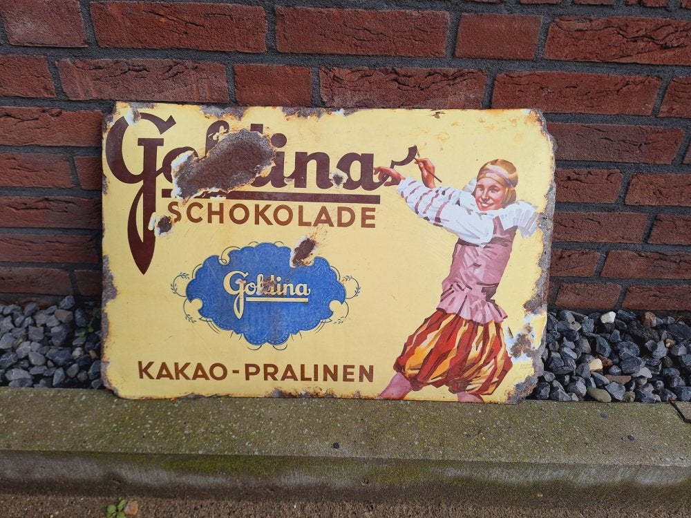 Antiek emaille gebold bord van Goldina-chocolade uit 1915., Enlèvement ou Envoi