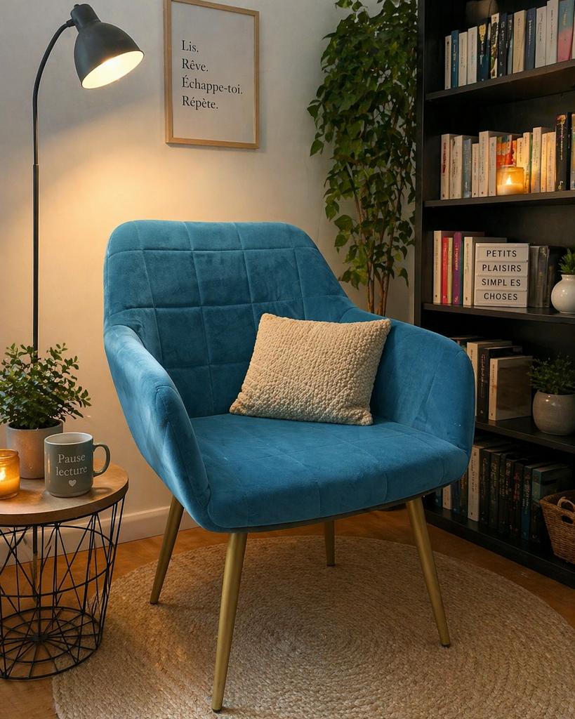 Fauteuil van blauw fluweel Lagoon, Huis en Inrichting, Stoelen, Ophalen, Zo goed als nieuw, Blauw