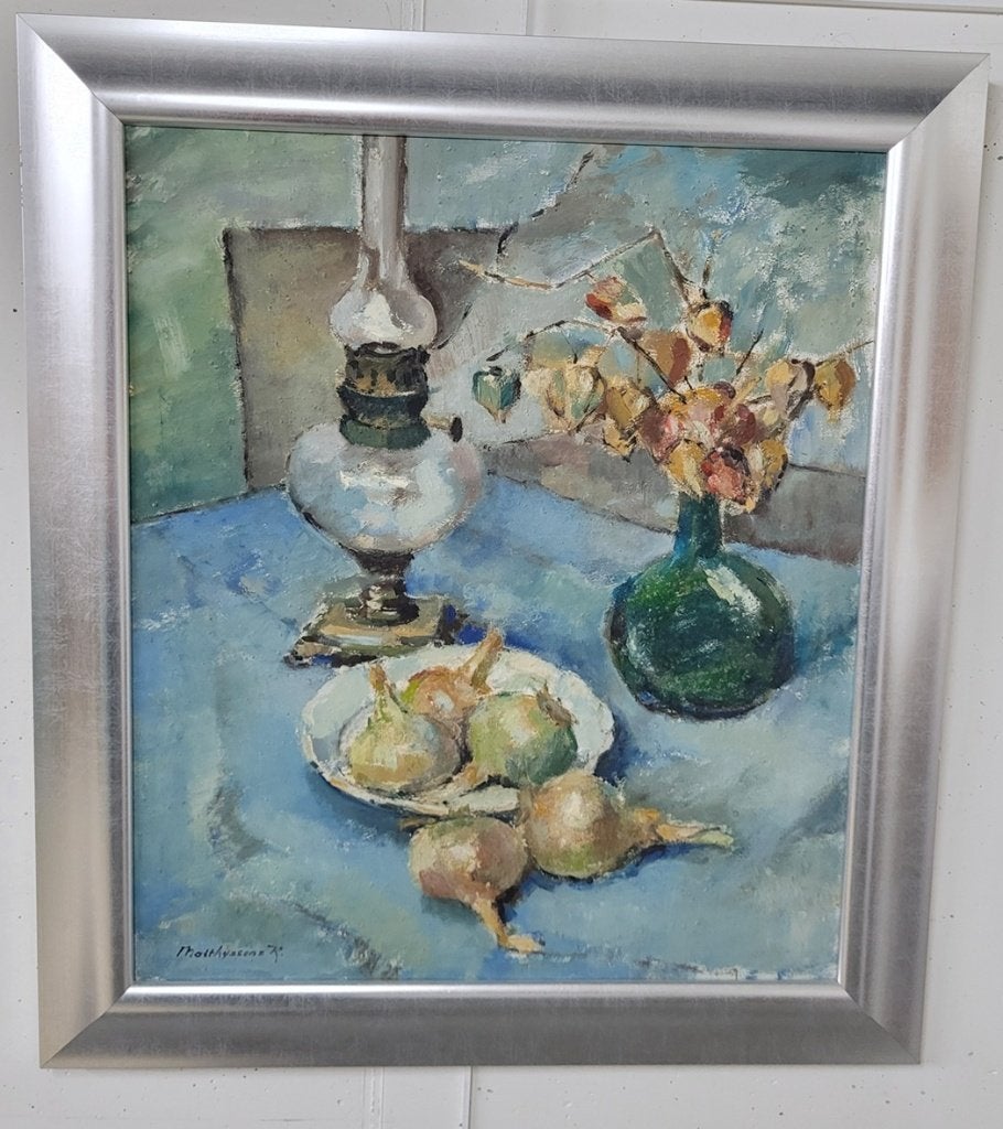 Renaat MATTHYSSENS, de blauwe tafel, Antiek en Kunst, Kunst | Schilderijen | Klassiek, Bloemen, Olieverf, Paneel, Gesigneerd, Handgeschilderd