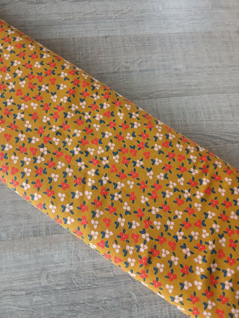 Coupon jersey kleine bloemen, oker (3 meter), Overige kleuren, 120 cm of meer, Ophalen of Verzenden, Katoen