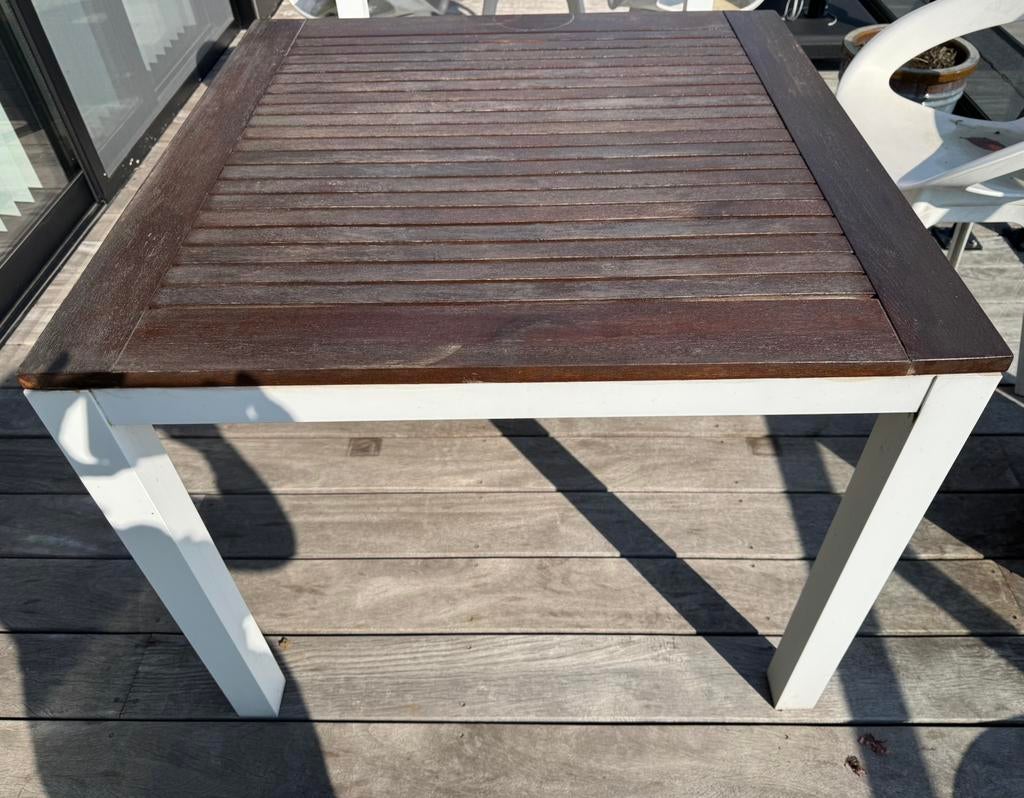Tuintafel wit aluminium onderstel en tafelblad in teak, Ophalen, Gebruikt, Vierkant, Aluminium