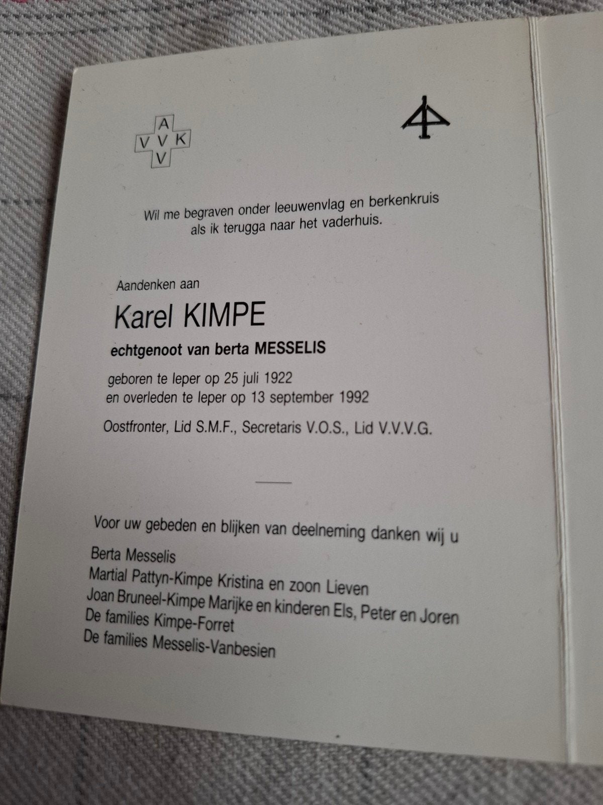 bidprentje berkenkruis, Enlèvement ou Envoi, Image pieuse