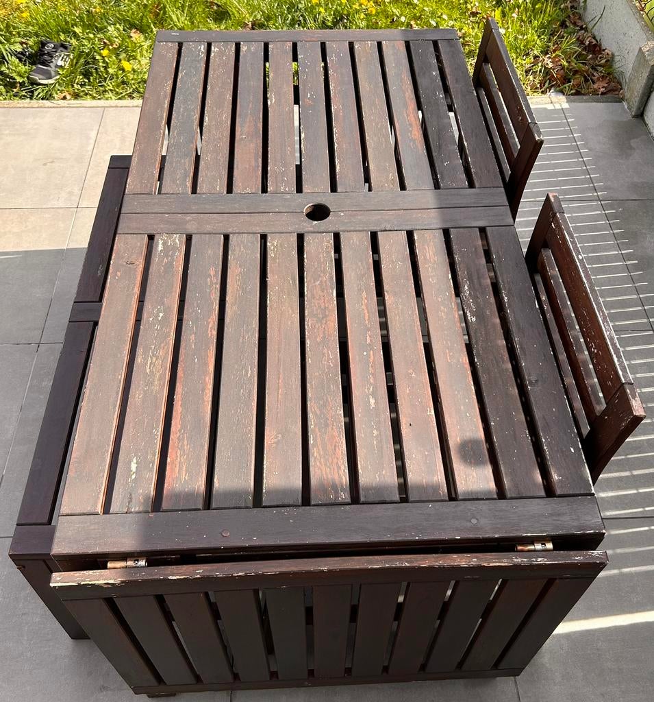 Tuinset: 1 tafel, 2 stoelen en 1 zitbank, Tuin en Terras, Tuinsets en Loungesets, Ophalen, Gebruikt, Bank, 8 zitplaatsen