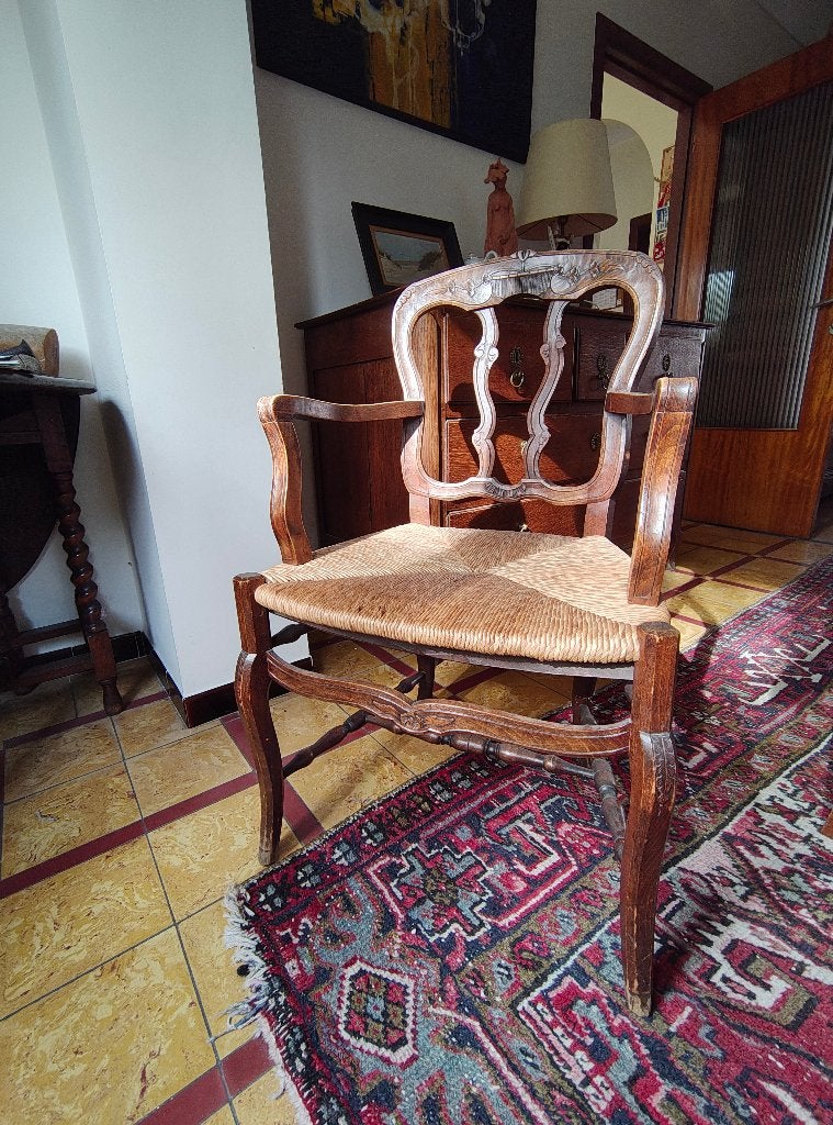 Chaises avec accoudoirs bois massif/paille vintage, Brun, Enlèvement, Utilisé, Bois