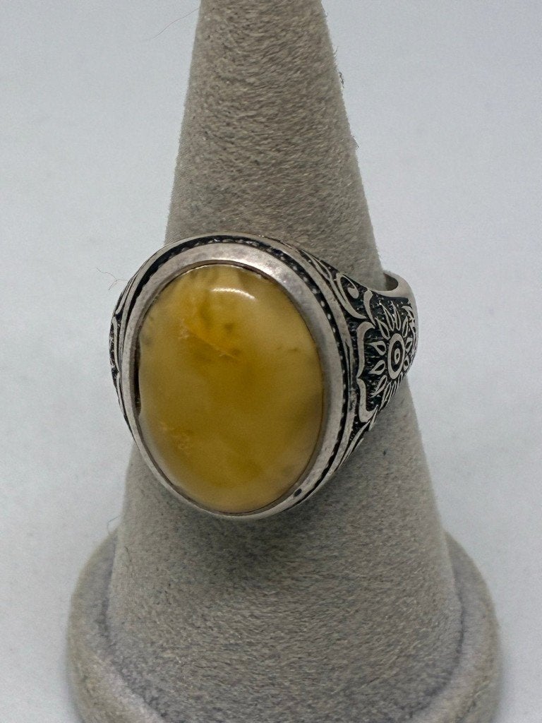 Zilveren 925 Ring met Amber / Barnsteen Steen - Maat 25, Nieuw, Ophalen of Verzenden, Dame of Heer, Grijs