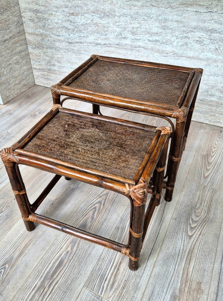 Vintage rotan bijzettafels - set van 2, Minder dan 55 cm, Gebruikt, Rechthoekig, Hout