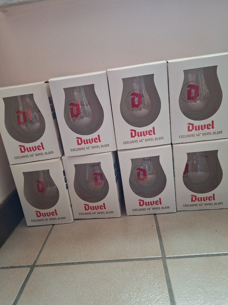 8 duvel glazen perfect serve in doos, Ophalen, Nieuw, Bierglas