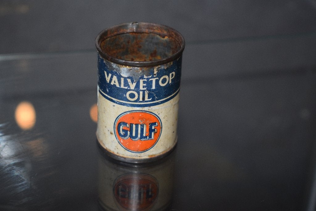 ancien bidon huile gulf 1930 valve top dosette, Collections, Enlèvement ou Envoi, Utilisé, Panneau publicitaire