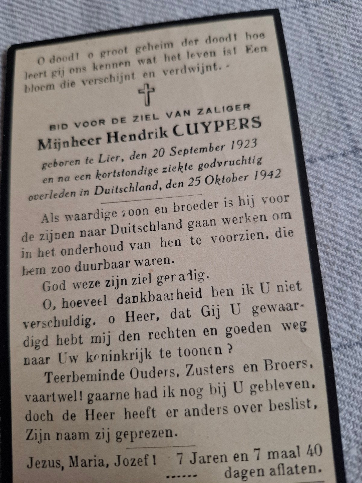 bidprentje oorlogsslachtoffer, Enlèvement ou Envoi, Image pieuse