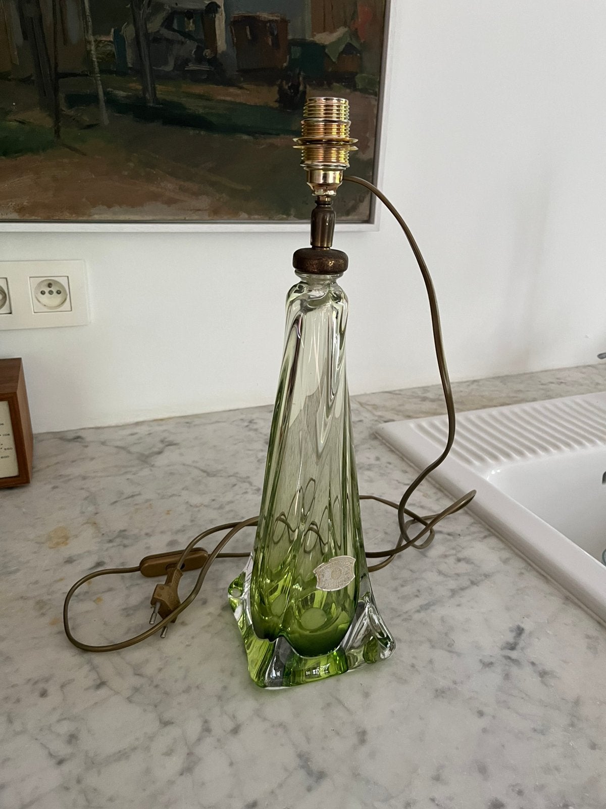 VINTAGE RETRO LAMPENVOET KRISTAL VAL SAINT LAMBERT GROEN, Ophalen of Verzenden