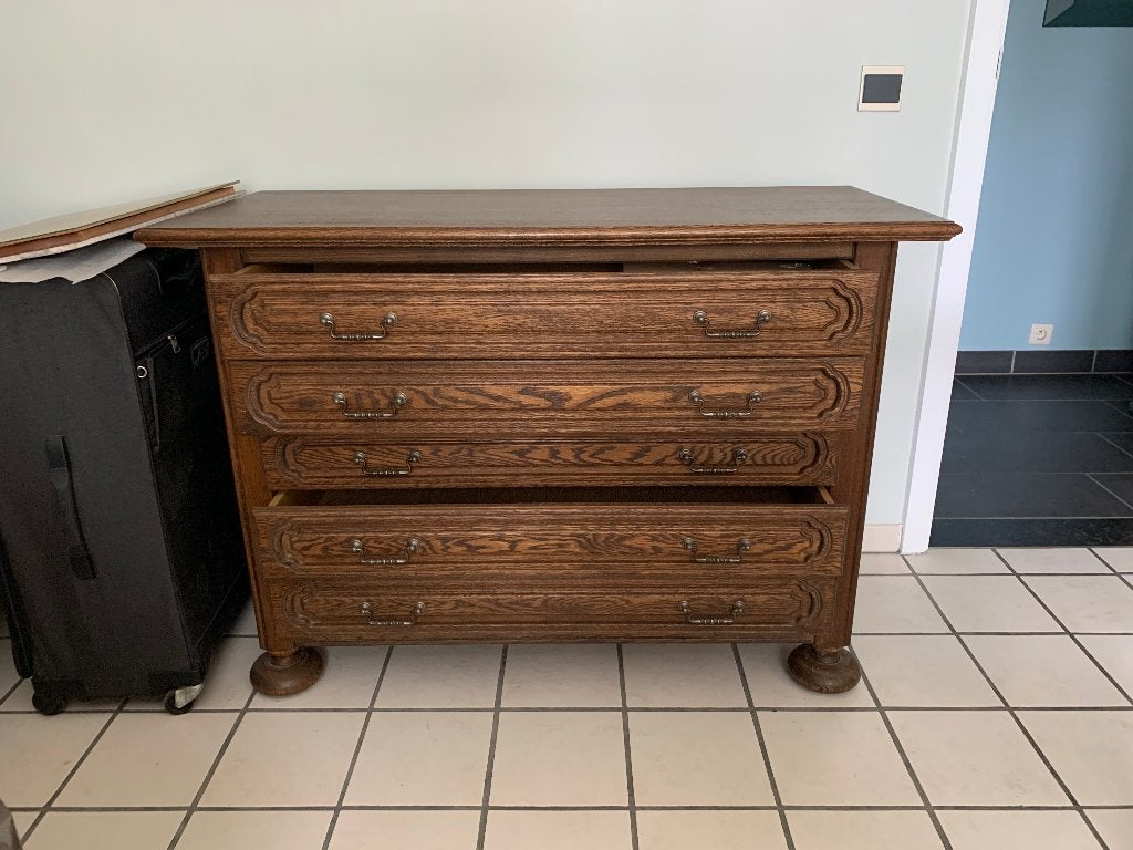 Massief eiken commode / ladenkast (5 lades), Ophalen, Gebruikt, 100 tot 150 cm, 5 laden of meer