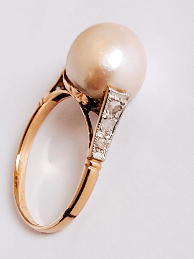 Antieke gouden ring meg Zuidzee parel en diamanten, Bijoux, Sacs & Beauté, Bijoux anciens, Enlèvement ou Envoi, Or, Bague