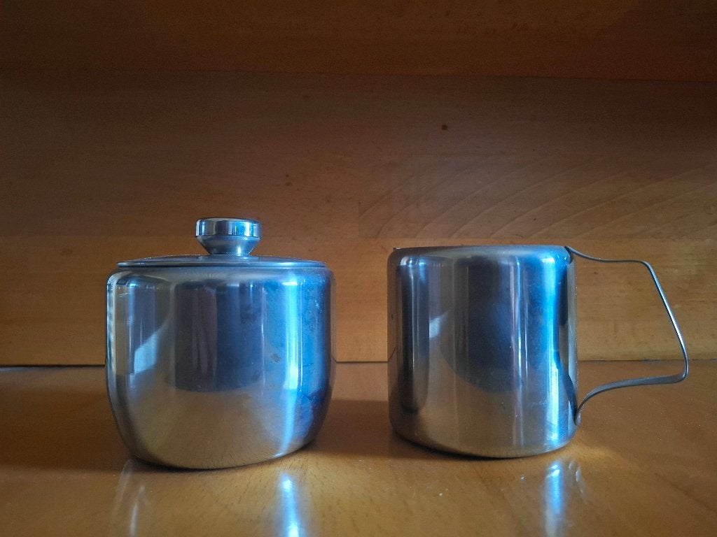 Suiker en melkpotje in stainless steel, Ophalen, Zo goed als nieuw