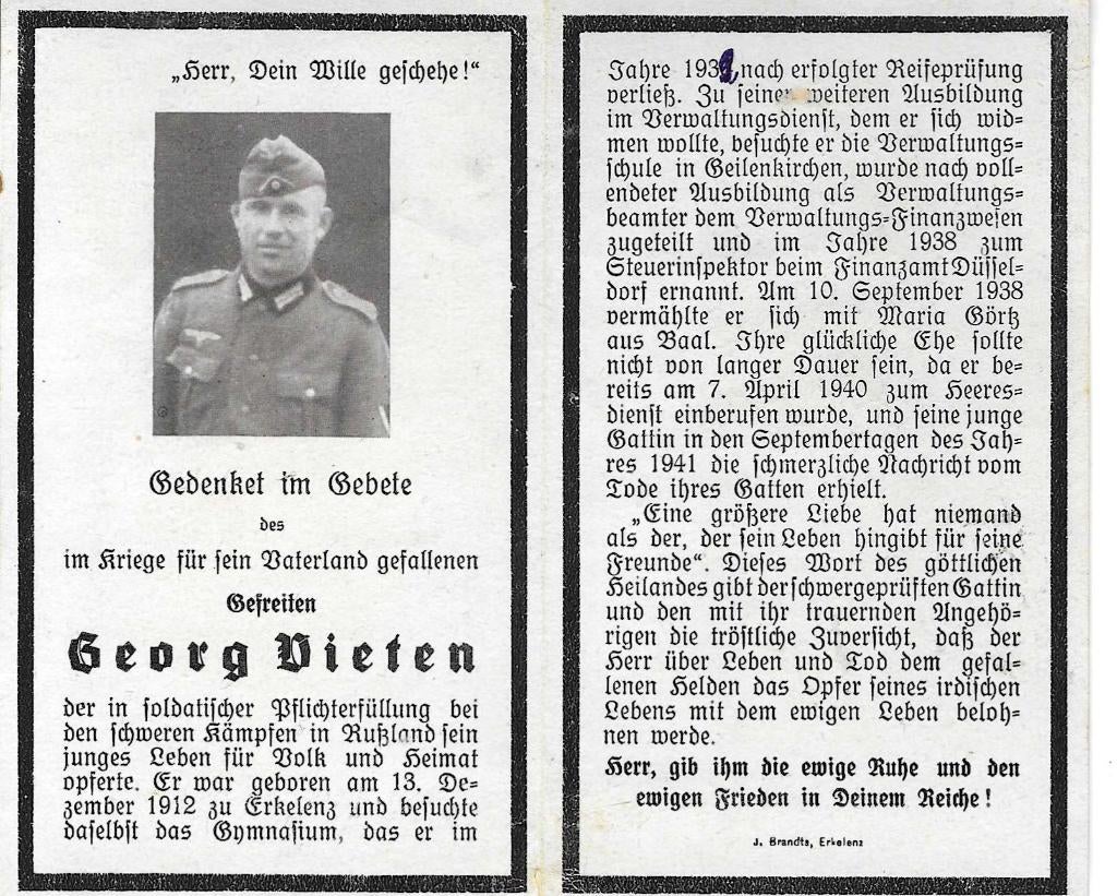Gefreiten Georg Vieten  KIA in Rusland Sept 1941, Ophalen of Verzenden