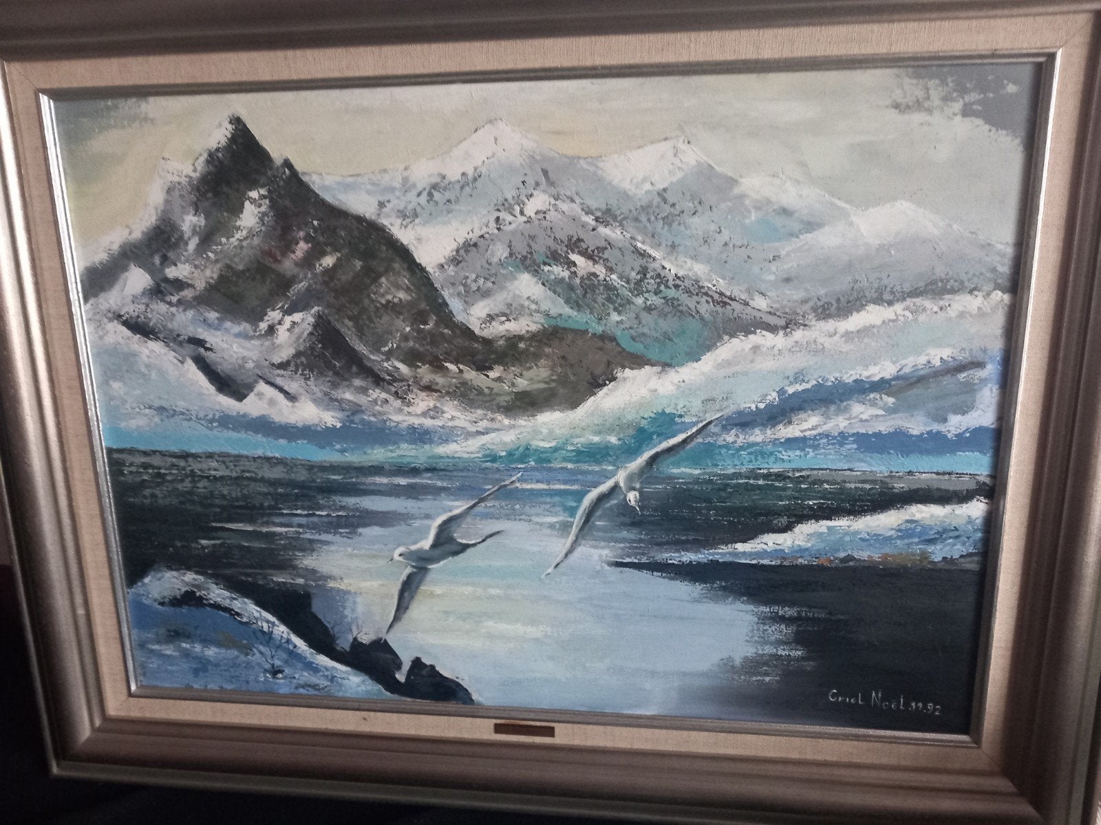 Schilderij Meeuwen met certificaat, Antiek en Kunst, Ophalen, Doek, Gesigneerd, Landschap