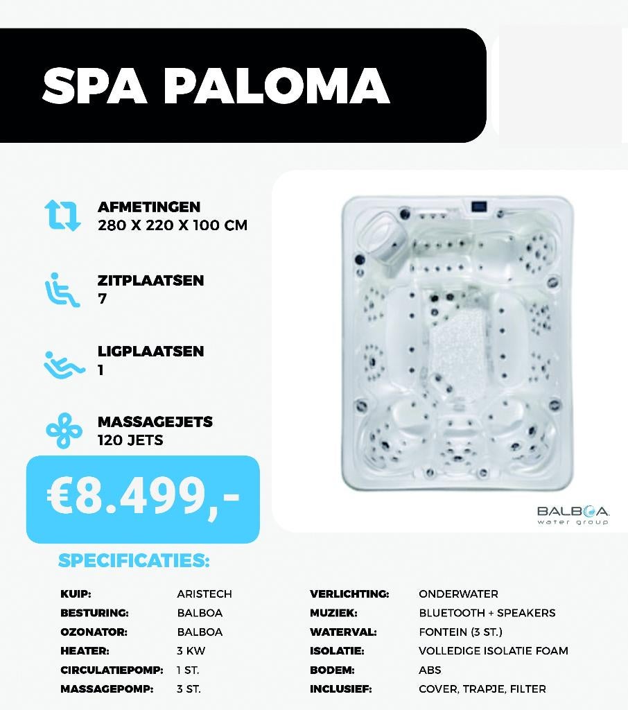 Spa Paloma – 8 persoons jacuzzi – 280x220x100cm – 120 jets!, Ophalen, Nieuw, Overige typen