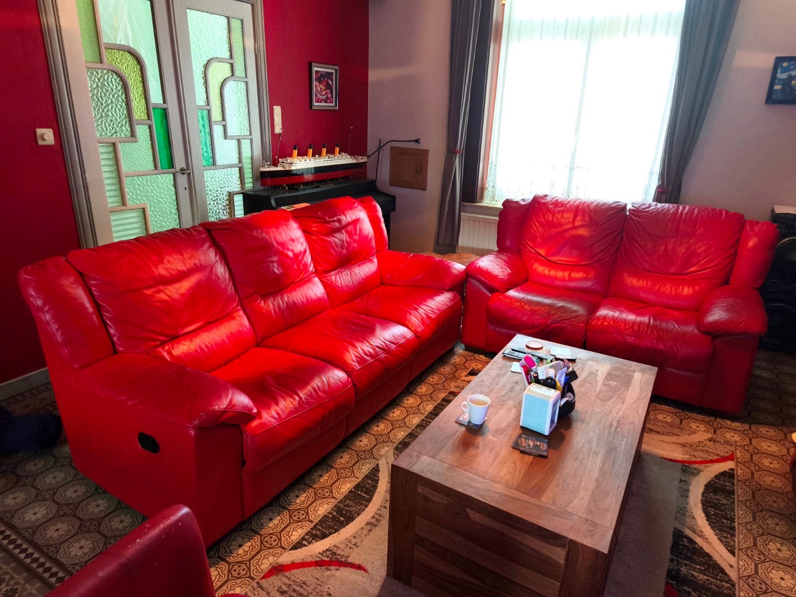 Salon en cuir rouge avec relax 3 + 2, Enlèvement, Utilisé, Cuir