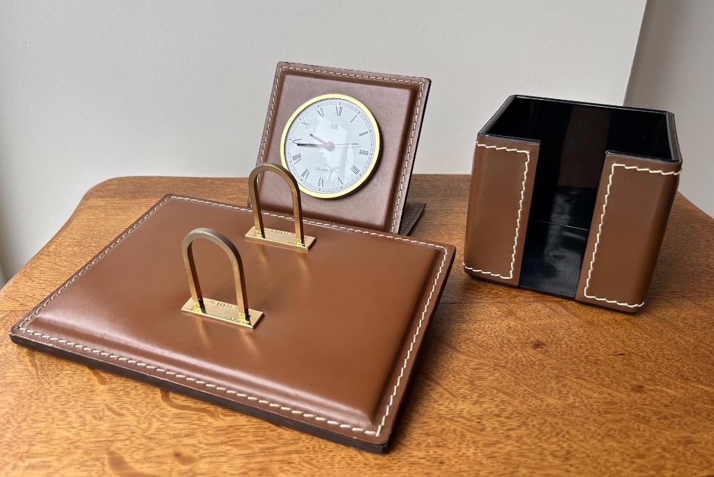 Vintage lederen bureauset 3-delig ILG 1960s - 1970s, Diversen, Bureau-accessoires, Gebruikt, Ophalen of Verzenden