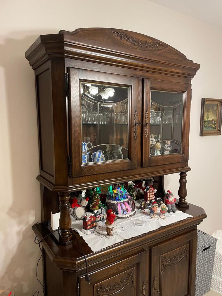 Rustieke massief houten livingkast met vitrine – 2-delig, Ophalen