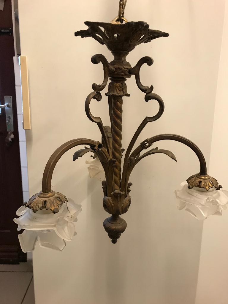 zware bronzen luster met 3 lichtpunten, Ophalen